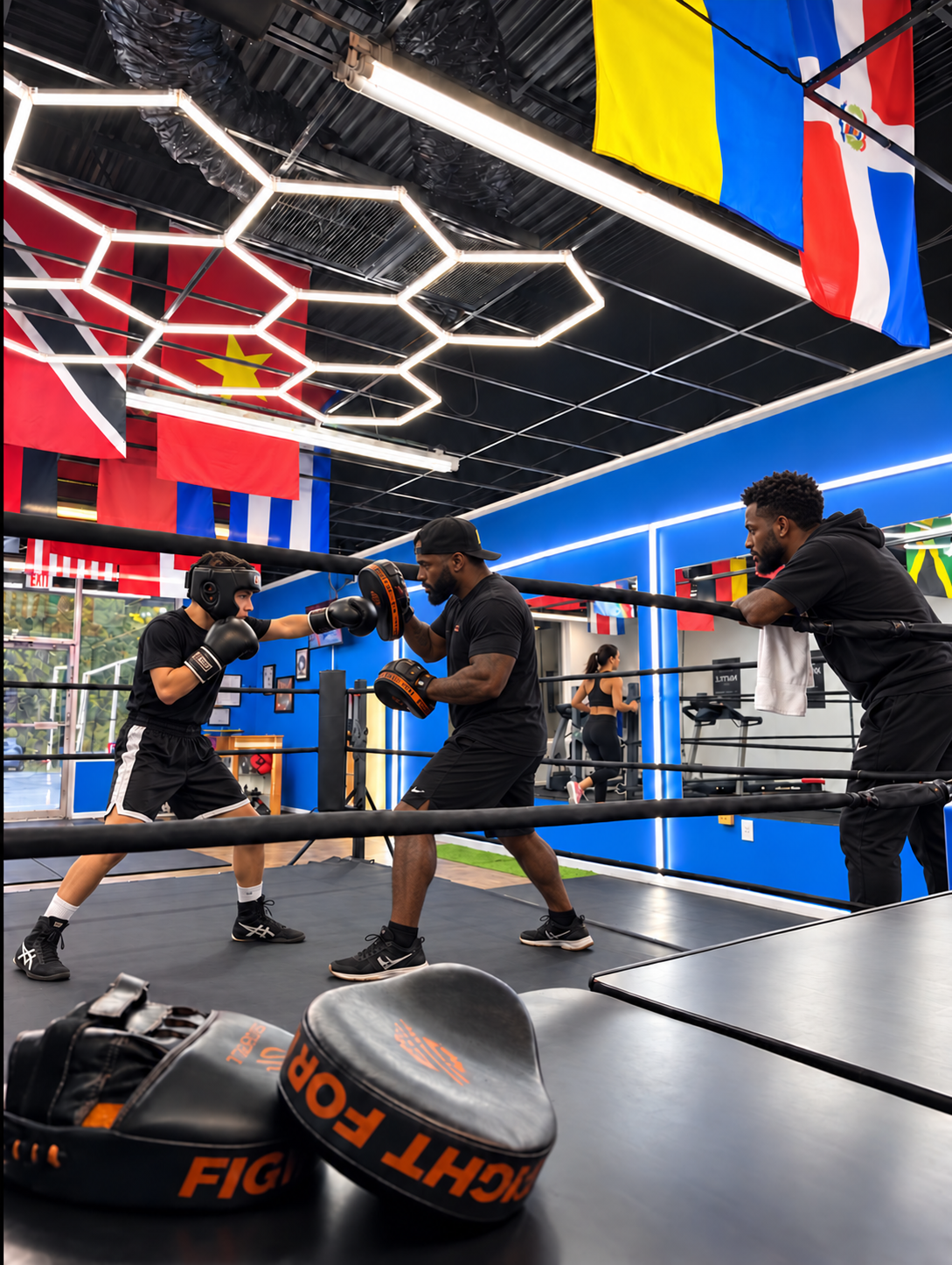 Inside O’s Gym: a trainer coaching a young boxer, a coach watching from the ropes, and a woman exercising on the treadmill