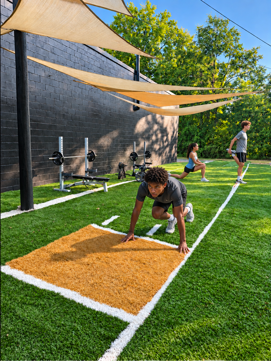 O’s Gym’s outdoor training turf with weight benches, marked lanes, and overhead shade sails